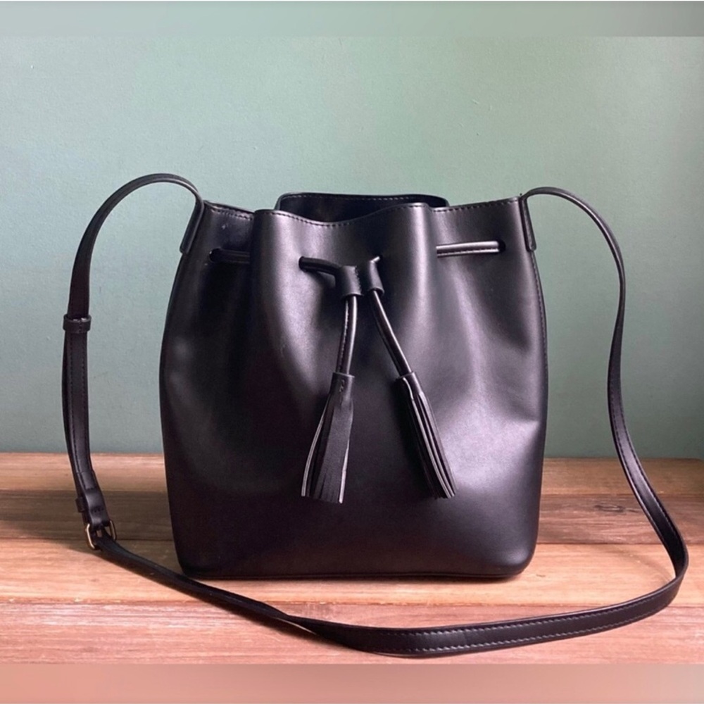 J Crew Black Faux Leather Bucket Crossbody Bag